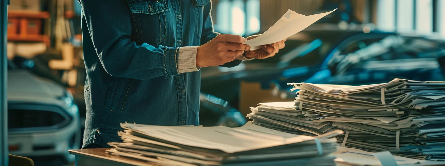 a person organizing a stack of paperwork related to a vehicle's history and documentation.