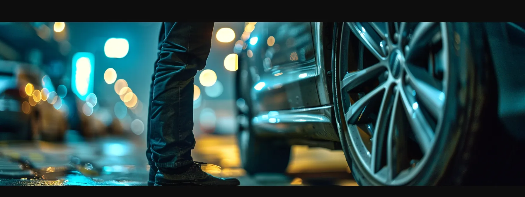 a person inspecting the tires and brakes of a car before a potential sale.