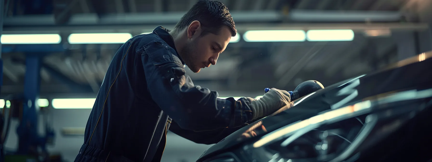 mechanic working on a car in a garage, fixing minor scratches and dents.